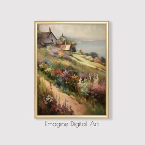 PRINTABLE ART |  Pastel European Hillside Cottage on Peaceful Lake | Wildflowers in Bloom | Instantly Download, Print, and Frame | LS-10