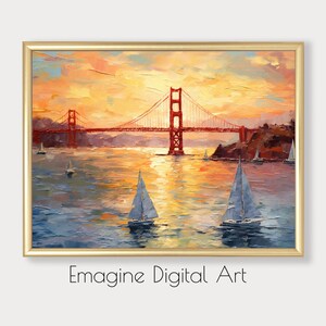 PRINTABLE ART | Golden Gate Bridge at Sunset | San Francisco Bay Sailboats | Coastal Painting | Instantly Download, Print, and Frame | PL-08