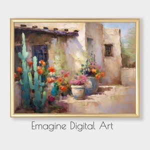 May include: A painting of a white building with a terracotta roof, surrounded by colorful flowers and a cactus in pots. The building has a window with a metal grate and a door with a wooden frame. The painting is done in a realistic style with a focus on the details of the building and the flowers.