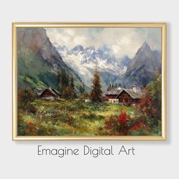 PRINTABLE ART | Alpine Village in Summer | Swiss Alps Mountain Wall Decor | Digital Art to Instantly Download, Print, and Frame | LS-23