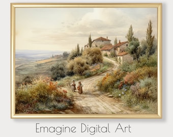 Vintage Italian Village Painting | 19th Century Landscape Art (Digital Download)