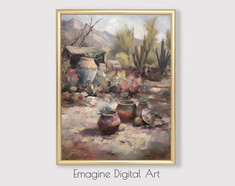 Southwest Art Print | Desert Pottery, Cactus Scene (Digital Download)