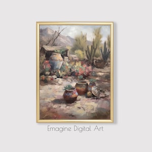 May include: A painting depicting a desert landscape with cacti, flowers, and terracotta pots. The pots are decorated with colourful patterns and are arranged on a sandy ground. The background features a mountain range and a cloudy sky.