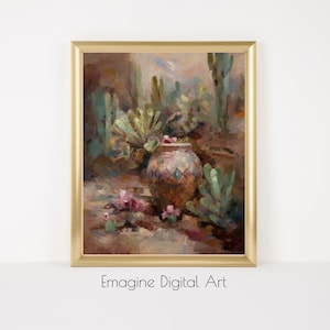 May include: A painting depicting a desert scene with a large terracotta vase featuring a geometric pattern, surrounded by cacti and pink flowers.