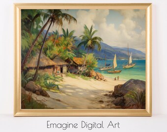 PRINTABLE ART |  Tropical Art Impressionist Painting of Sailboats, Palm Trees, Tahiti Beach | Instantly Download, Print, and Frame | TR-02