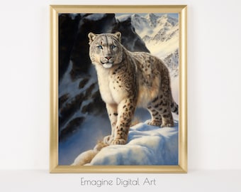 Pintura de leopardo de las nieves / Impresión artística de vida silvestre majestuosa (descarga digital)