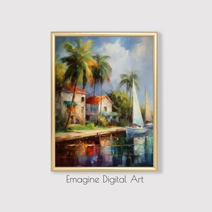 PRINTABLE ART |  Tropical Art | Caribbean Scene with Sailboats, Palm Trees, Plantation Home | Instantly Download, Print, and Frame | TR-04
