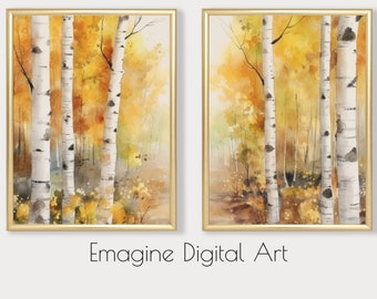 Peut inclure: Deux peintures à l'aquarelle encadrées d'une forêt de bouleaux en automne. Les arbres sont blancs avec des marques noires et les feuilles sont jaunes et orange. Les peintures sont sur un fond brun clair.