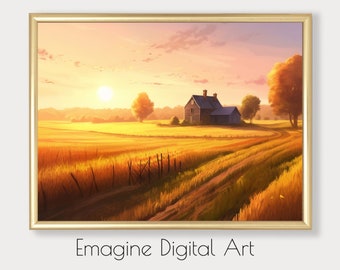 Farmhouse Wheat Field Sunrise Print | Country Landscape Art (Digital Download)