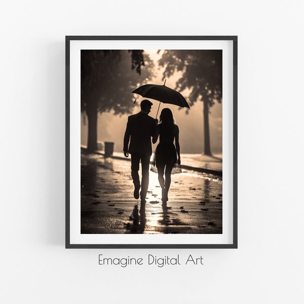 PRINTABLE ART | Romantic Couple Walking Under Umbrella Photo | Black & White Wall Decor | Digital Art to Download, Print and Frame | BW-09