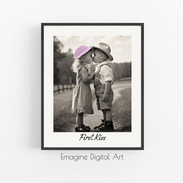 PRINTABLE ART | Little Boy and Girl Sharing First Kiss | Kids' Room Wall Decor | Digital Art to Instantly Download, Print and Frame | BW-01