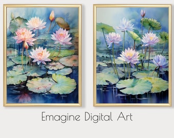 May include: Two framed watercolor paintings of pink and purple water lilies in a pond. The paintings are set against a blue and green background.