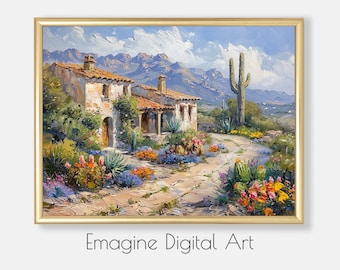 Southwest Desert Art Print | Adobe Home, Cactus, Mountains (Digital Download)