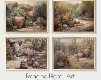 Southwest Desert Pottery Prints | Set of 4, Cactus Art (Digital Download)
