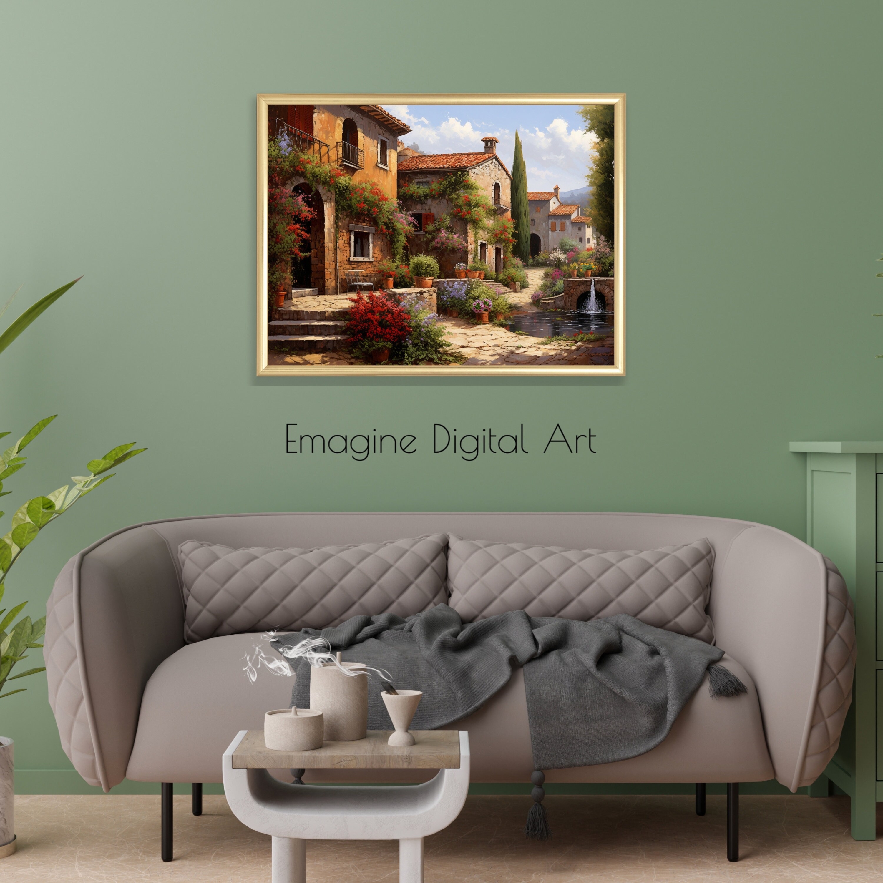 PRINTABLE ART Picturesque Italian Village Painting Vintage European Wall Decor Digital Art to