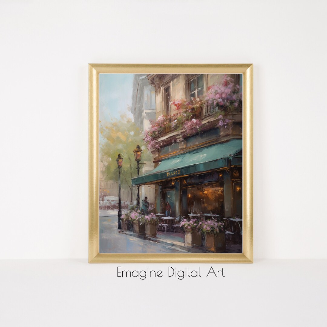 PRINTABLE ART | Vintage Painting of Paris Cafe in Spring | Romantic French Bistro Pink Flowers ...