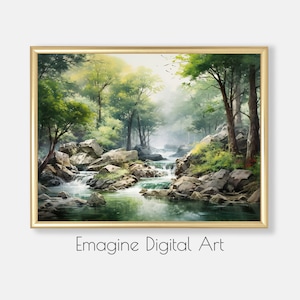 PRINTABLE ART | Summer Forest Landscape with Rocky River | Nature Wall Decor | Digital Art to Instantly Download, Print & Frame | LS-72