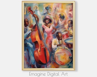 Jazz Musicians Art Print | Black Art Deco, City Club Painting (Digital Download)