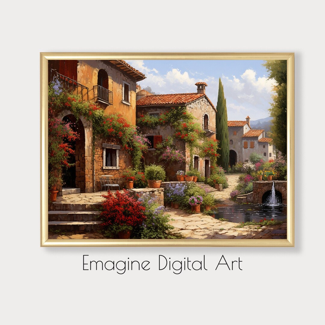 PRINTABLE ART Picturesque Italian Village Painting Vintage European