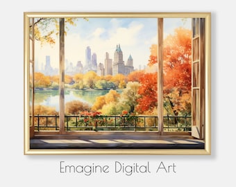 Central Park in Fall Watercolor Print | New York Autumn View (Digital Art)