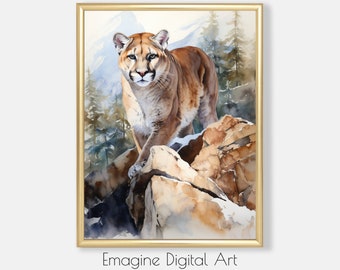 Puede incluir: Pintura acuarela de un león de montaña de pie en un afloramiento rocoso en un bosque nevado. El león está mirando directamente al espectador con una expresión seria. El fondo es un desenfoque de árboles y nieve.