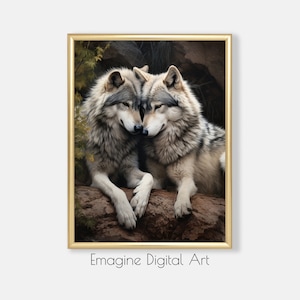 May include: Two gray wolves with black noses are cuddling together in a forest setting. The wolves are sitting on a rock with their heads touching. The background is a dark forest with green leaves.