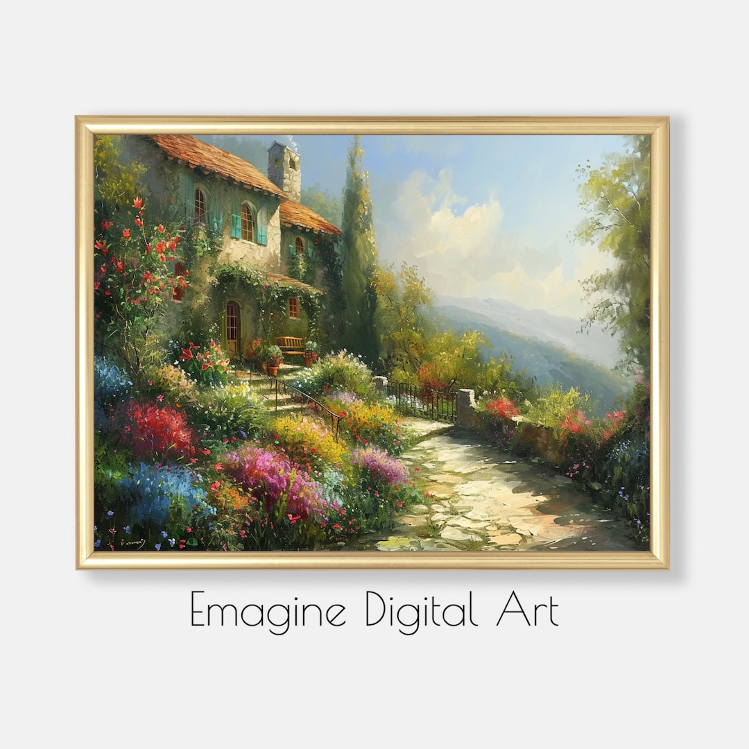 PRINTABLE ART Picturesque Italian Villa & Garden Painting Vintage