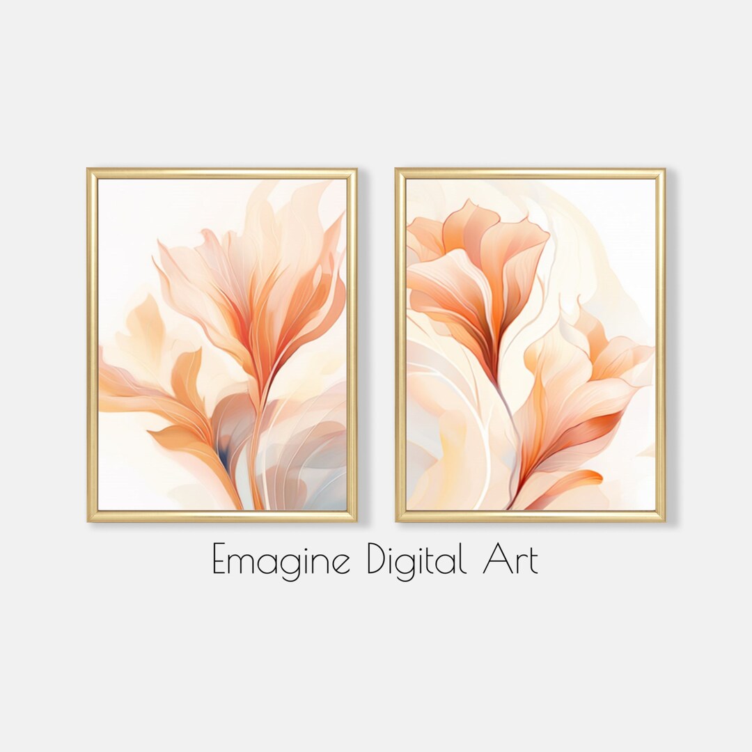 PRINTABLE ART Set of 2 Pastel Orange Flowers Paintings Floral Wall