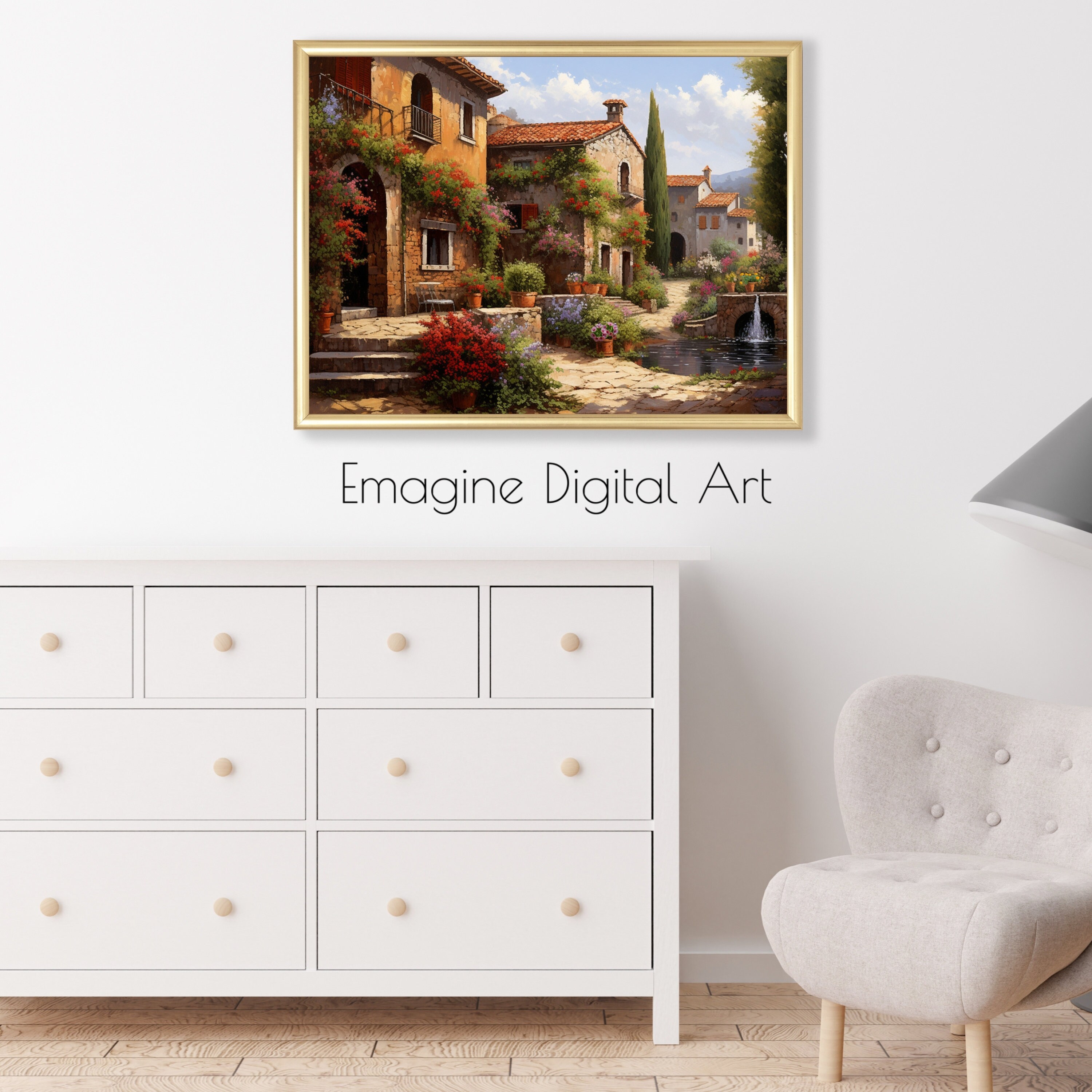 PRINTABLE ART Picturesque Italian Village Painting Vintage European