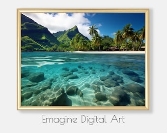 Impressão fotográfica de praia taitiana | Arte de parede com cabanas tiki tropicais (download digital)
