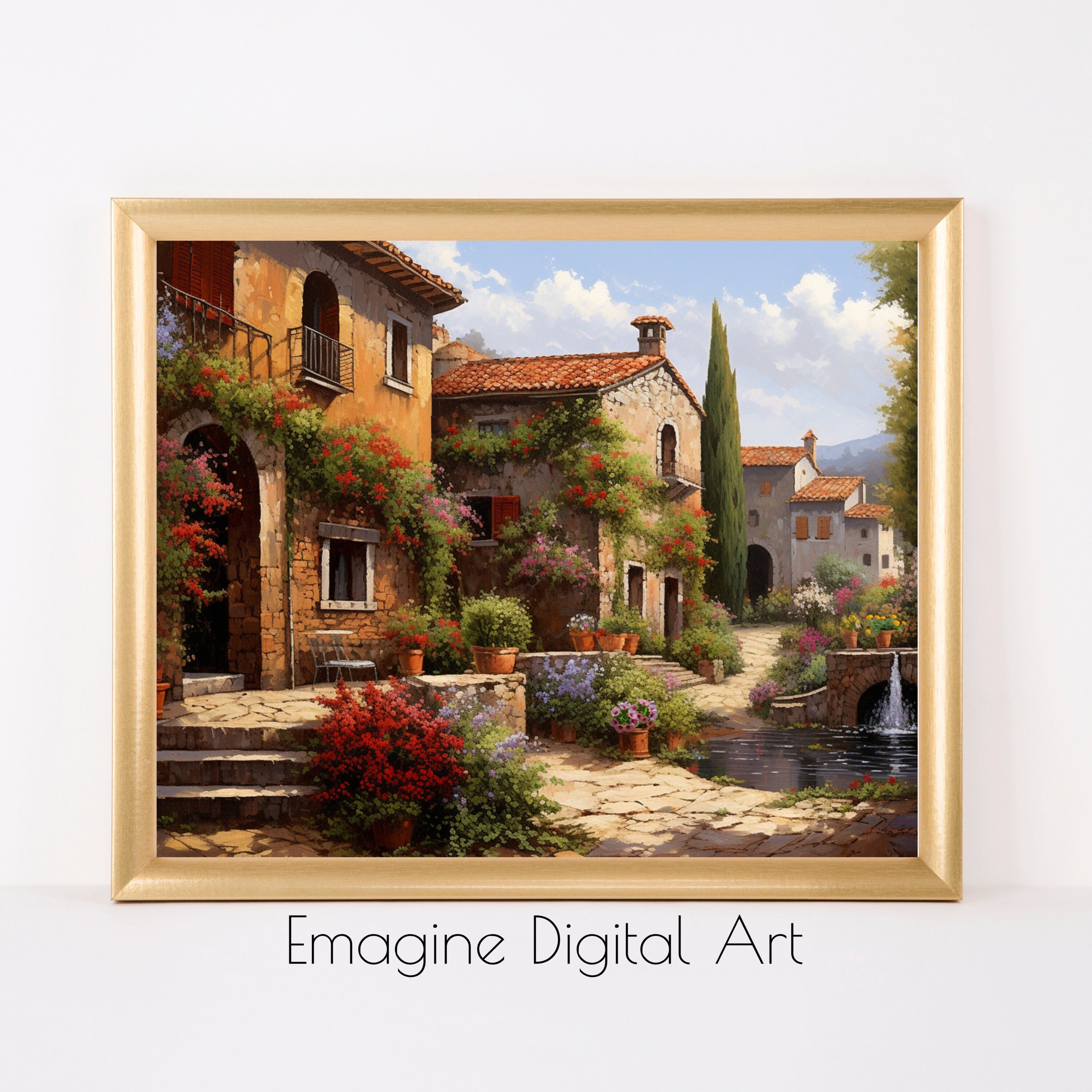 PRINTABLE ART Picturesque Italian Village Painting Vintage European Wall Decor Digital Art to