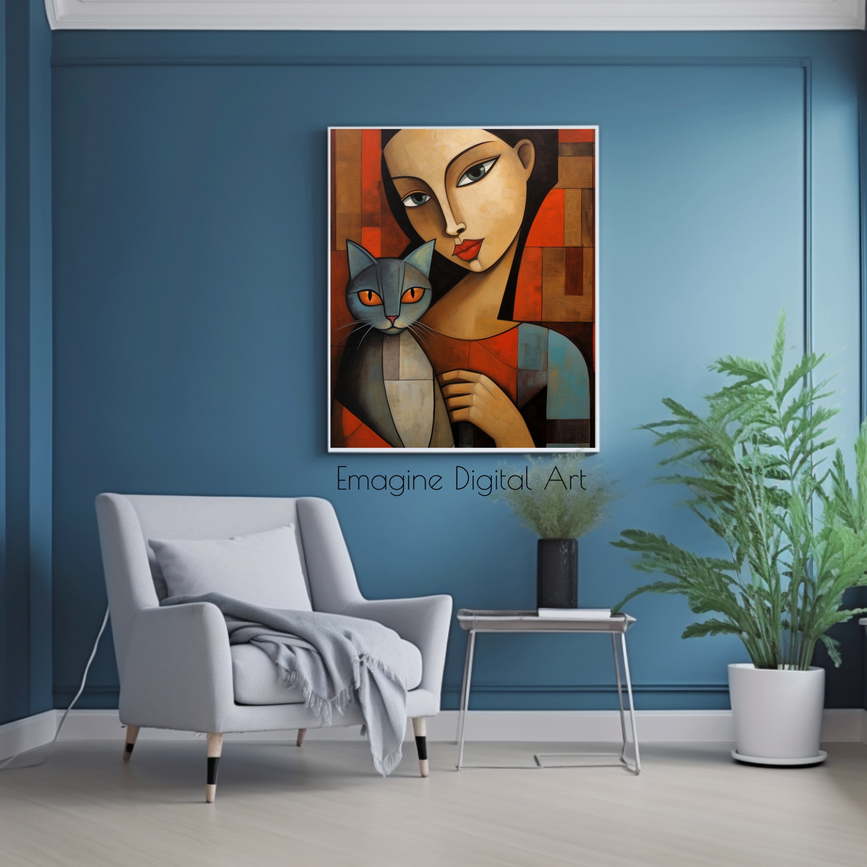 PRINTABLE ART Cubist Painting of Woman and Cat Modern Art Wall Decor ...