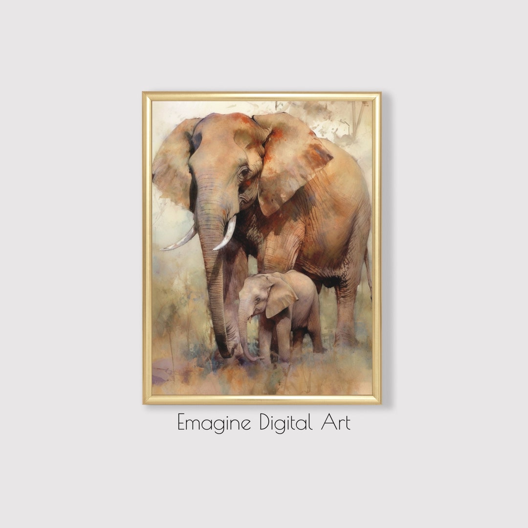 PRINTABLE ART Mother and Baby Elephant Painting African Wildlife Wall ...