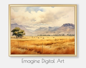Montana Cattle Ranch Watercolor Painting | Mountain Landscape Art (Digital Download)