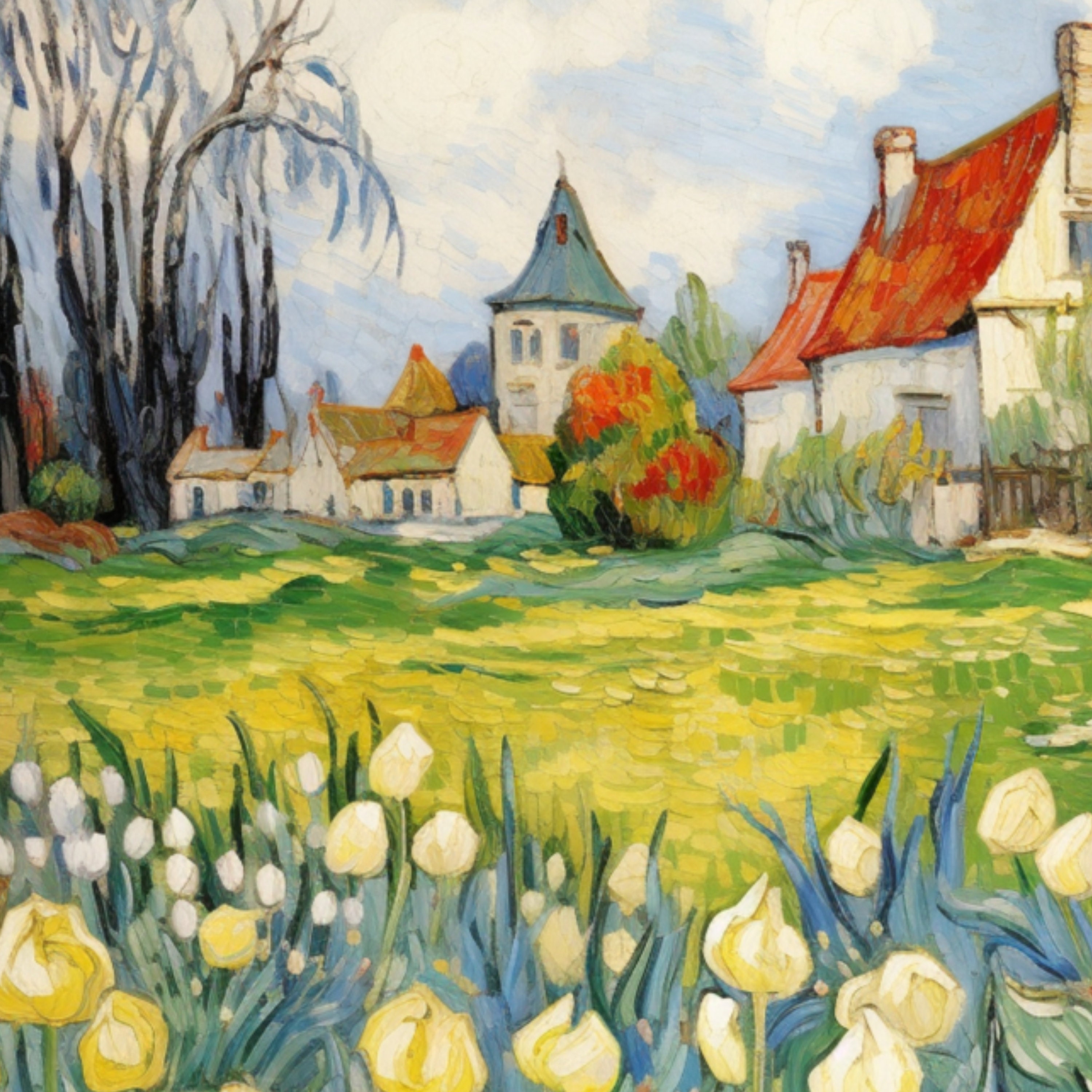 European Farm Village Tulip Field Impressionist Art Print (digital ...