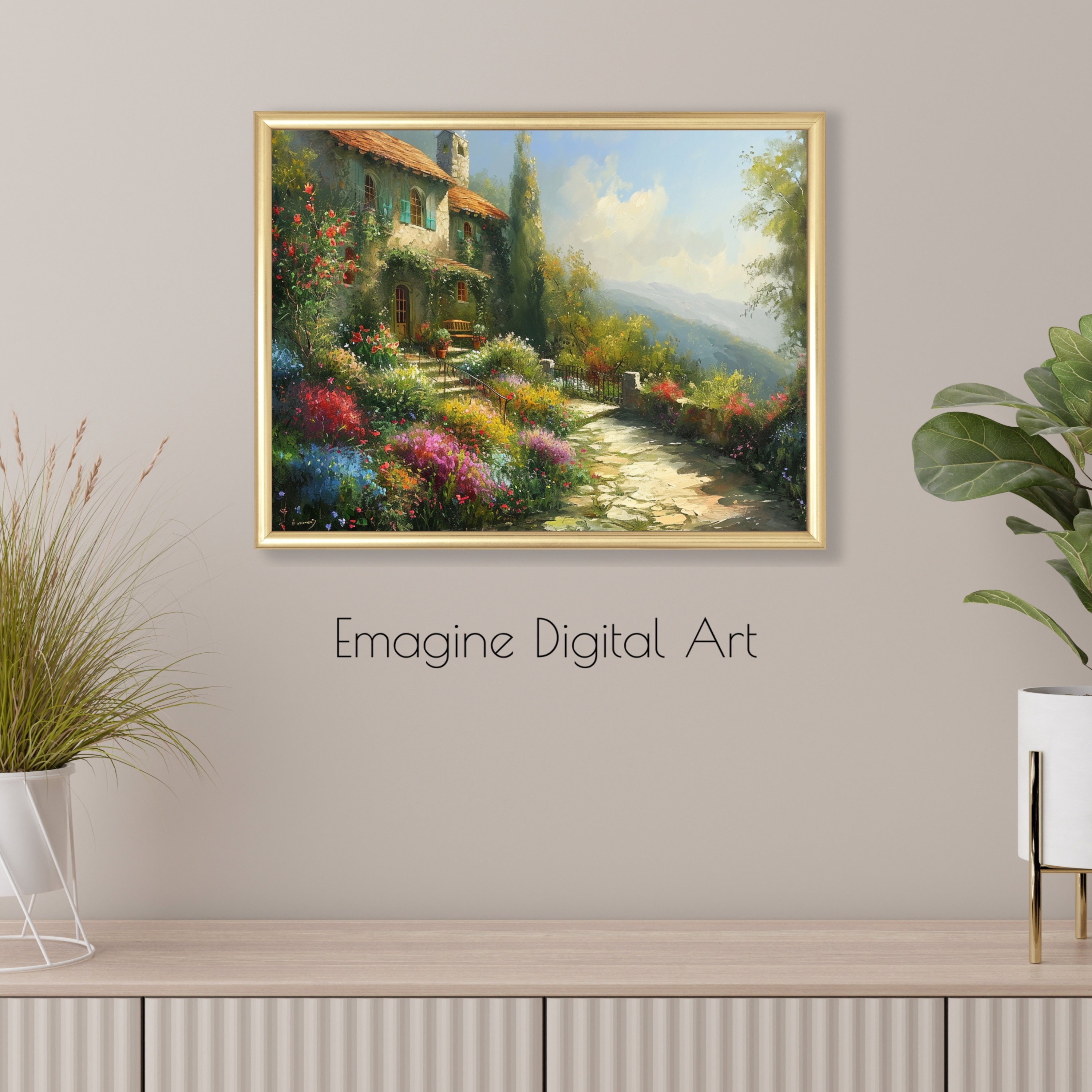 PRINTABLE ART Picturesque Italian Villa & Garden Painting Vintage