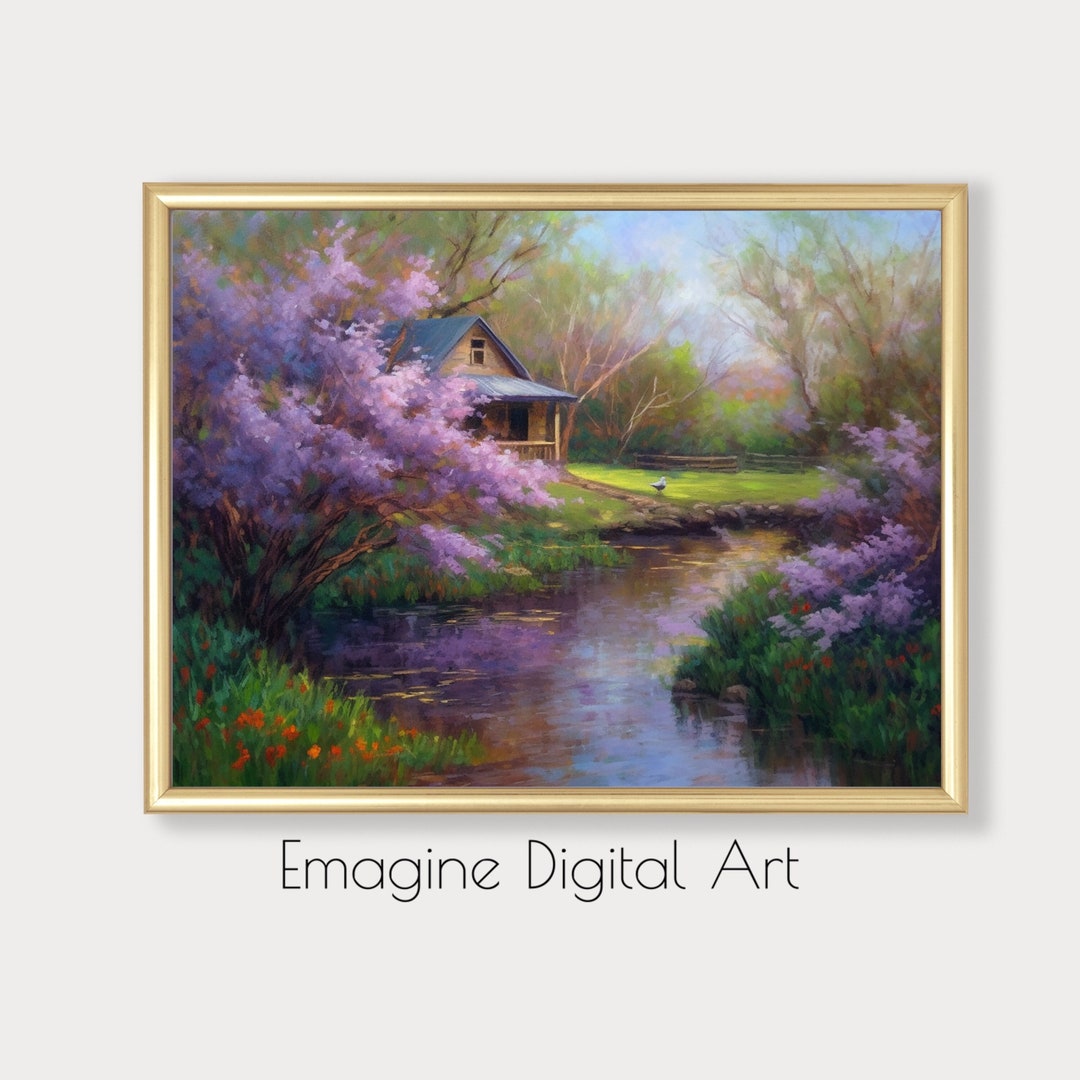 PRINTABLE ART Country Scene With Cabin, Lilacs, & Stream Floral Wall