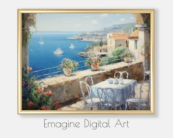 Aegean Coast Print | Greek Island Cafe Watercolor (Digital Download)