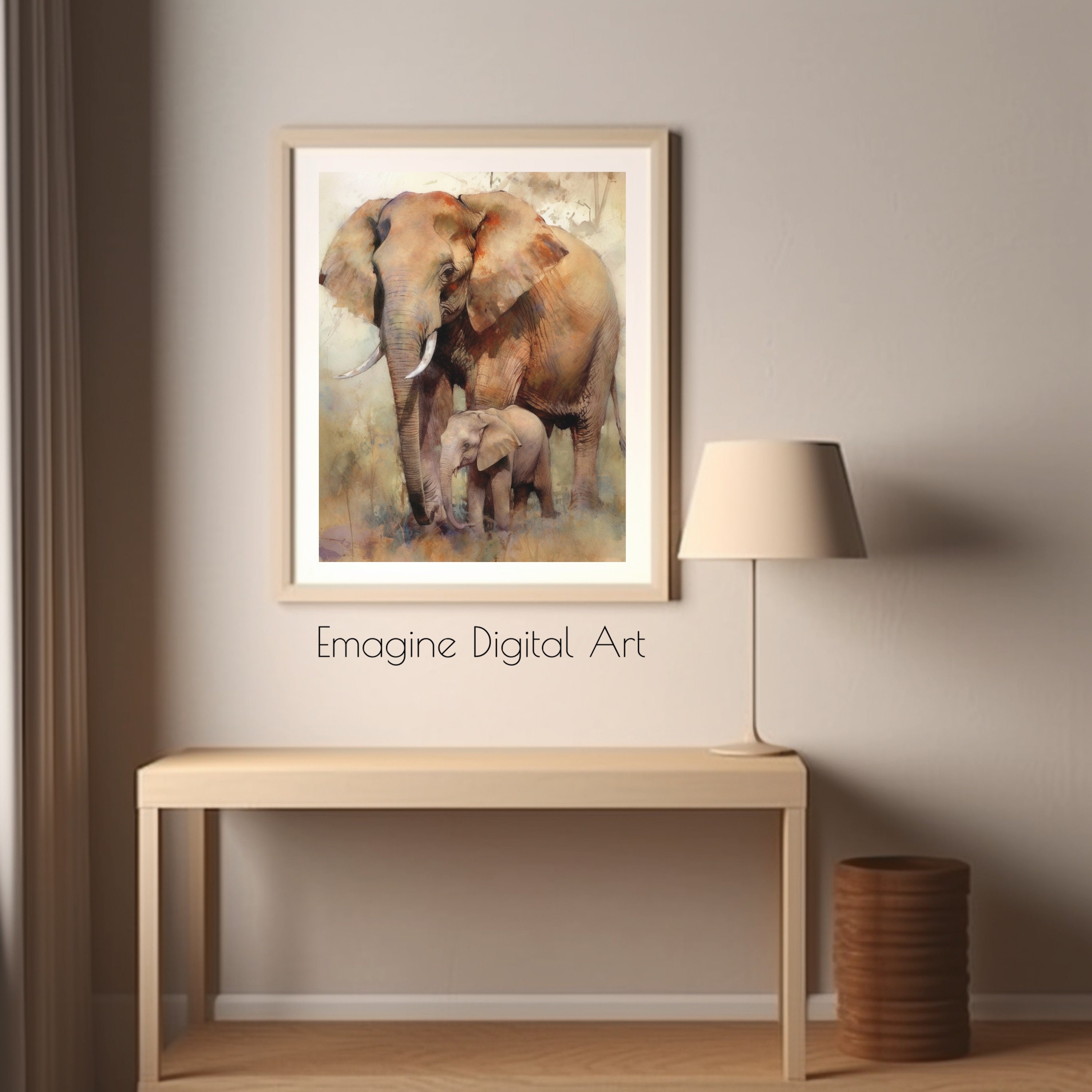 PRINTABLE ART Mother and Baby Elephant Painting African Wildlife Wall ...