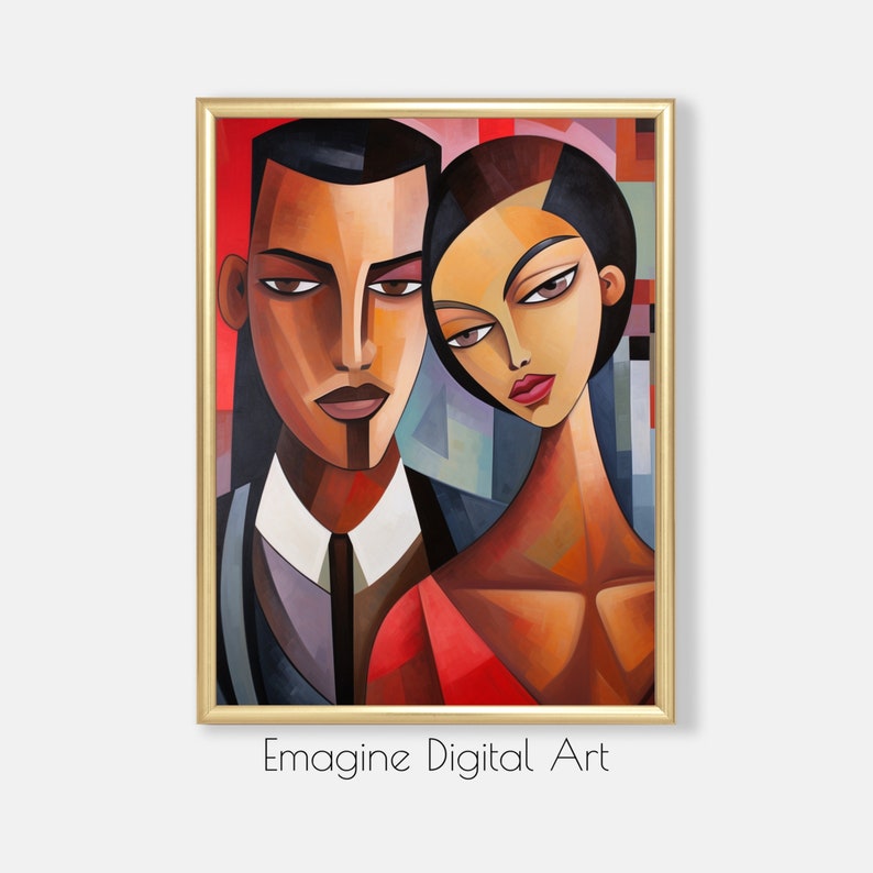 DRUCKBARE KUNST Kubistische schwarze Kunst Gemälde von Elegantes Paar