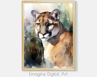 May include: Watercolor painting of a brown and tan cougar with green eyes, looking directly at the viewer. The cougar is in a forest setting with green and brown foliage.