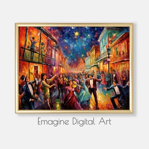 May include: A colorful painting of a street scene at night with people dancing and playing music. The buildings are brightly lit and there are stars in the sky. The painting is done in a style that is reminiscent of impressionism.