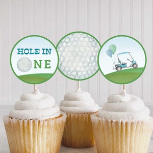 Golf 1st Birthday Cupcake Toppers, Editable Golf Party Decor, Fun Golf Theme Birthday Decorations for Kids, Hole in One, GLF01