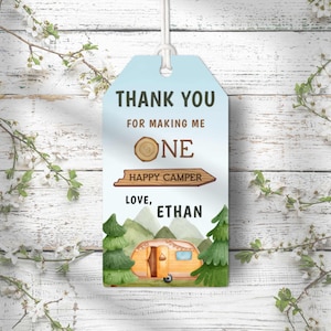 Editable Template, One Happy Camper Thank You, Camping Birthday Tag, Camping 1st Birthday Tag, One Happy Camper Favor Tags, OHC01
