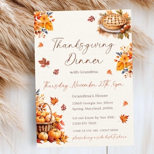 Cosy Thanksgiving Dinner Editable Invitation, Family Gathering Fall Party Invite, Printable Casual Autumn Template, Pumpkins & Pie, TGD04