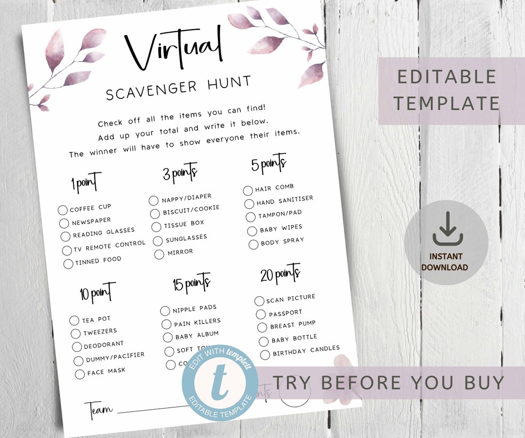 Baby Shower Scavenger Hunt Virtual, Editable Template, Printable, PDF ...