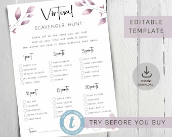 Baby Shower Scavenger Hunt Virtual, Editable Template, Printable, PDF, Virtual Baby Shower Games, Minimal Clean Design, Online Party, BSSH01