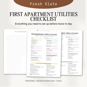 Może przedstawiać: Wydrukowana lista kontrolna zatytułowana "First Apartment Utilities Checklist" z sekcjami dla Internetu, prądu, wody i innych mediów. Zaprojektowana, aby pomóc w konfiguracji mediów przed wprowadzką.