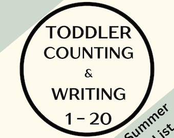 Puede incluir: Una ilustración colorida para un libro de trabajo de conteo y escritura para niños pequeños. La portada presenta un círculo negro con el texto "Toddler Counting & Writing 1-20" y una pizarra verde con la ecuación "3+3".
