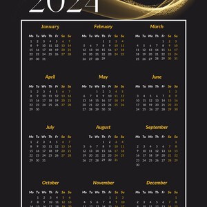 Puede incluir: Un calendario negro y dorado para el a&ntilde;o 2024. Cada mes se muestra en un cuadro separado con los d&iacute;as de la semana etiquetados como Mo, Tu, We, Th, Fr, Sa, Su. El calendario est&aacute; decorado con un dise&ntilde;o de onda de purpurina dorada.